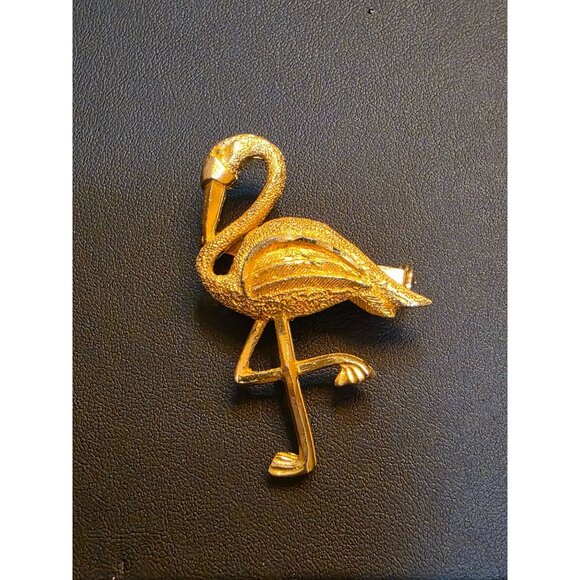 Gold-Tone Flamingo Brooch Pin With Textured Finish - Picture 1 of 5